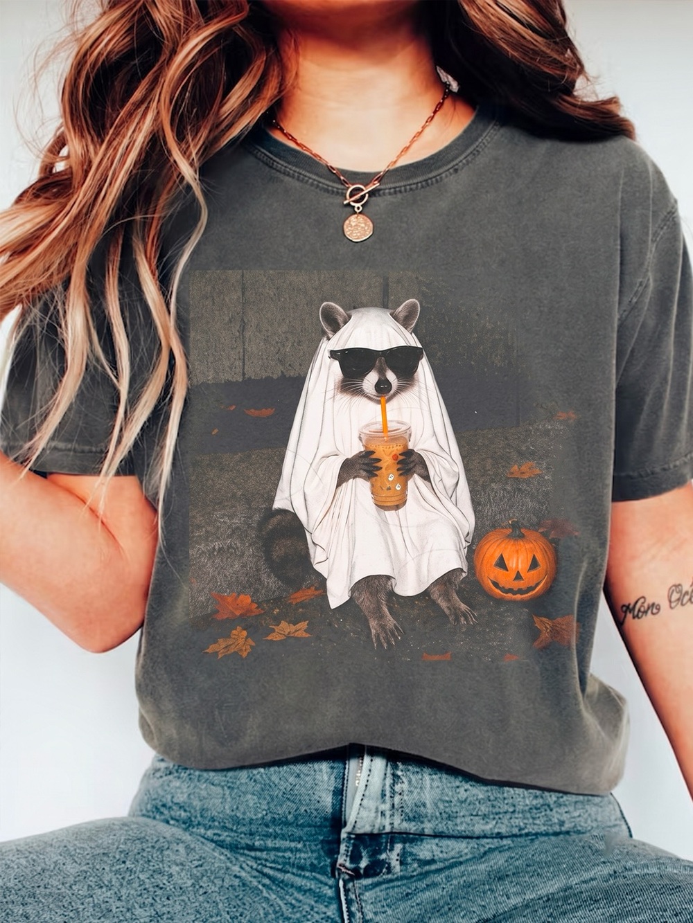 Spooky Raccoon Ghost Pumpkin Coffee Pepper Comfort Colors Graphic Tee